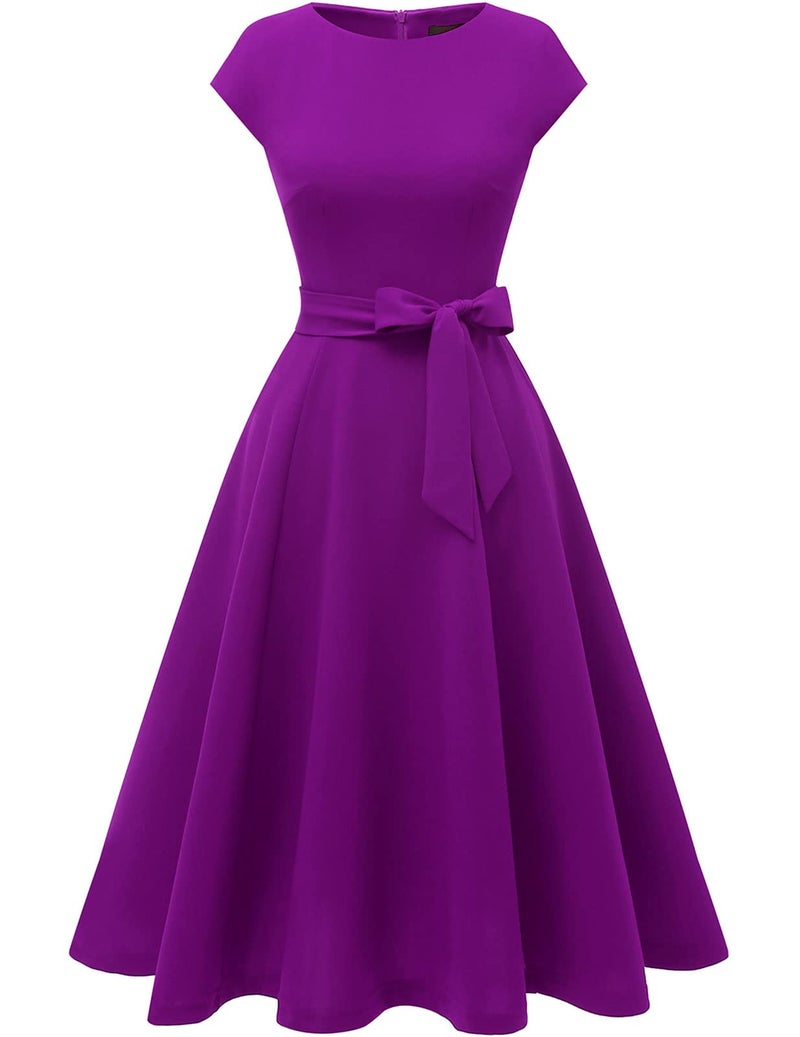 DRESSTELLS Cocktail Dress, Modest Formal Wedding Guest Dresses for Women, Vintage Tea Party Dress 2024, Summer Fit and Flare Homecoming Dress Purple M - Image 2