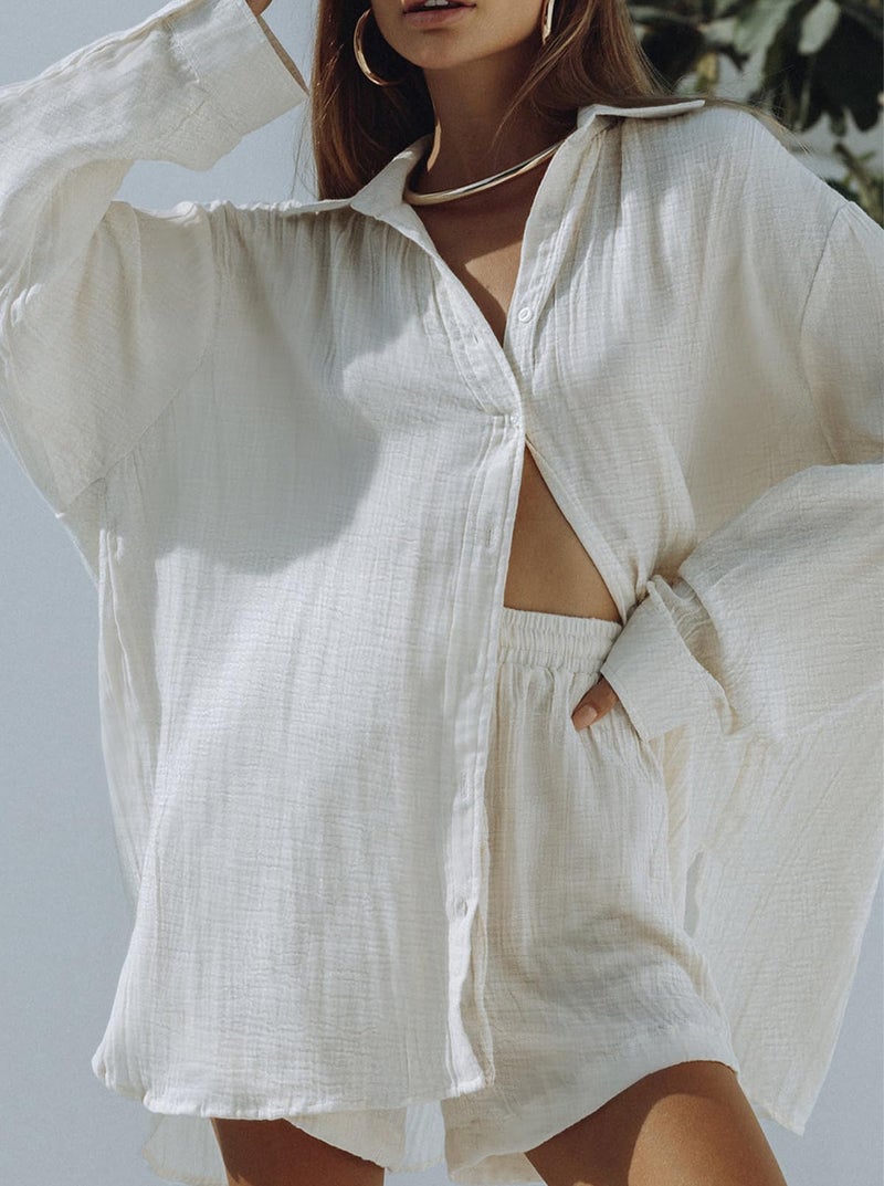 Fixmatti Women Button up Shirt Short Set 2 Piece Casual Outfit Long Sleeve Blouse High Waisted Mini Shorts White S - Image 4