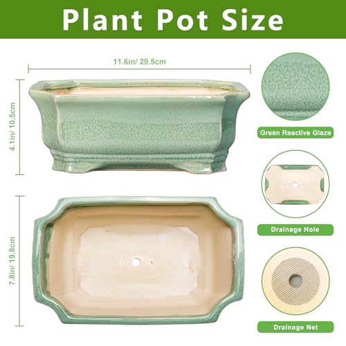 Teagas Bonsai Tree Pot 11.6 Inch - Ceramic Succulent Pots, Bonsai Planter for Indoor Outdoor, Decorative Plant Pot with Drainage Hole, Rectangular Flower Pot, Home Garden Decor, Garden Gifts, Green - Image 2