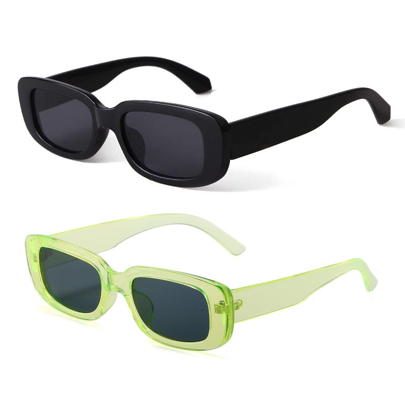 BUTABY Rectangle Sunglasses for Women Retro Driving Glasses 90’s Vintage Fashion Narrow Square Frame UV400 Protection Black & Green - Image 3