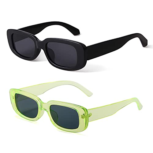 BUTABY Rectangle Sunglasses for Women Retro Driving Glasses 90’s Vintage Fashion Narrow Square Frame UV400 Protection Black & Green - Image 1