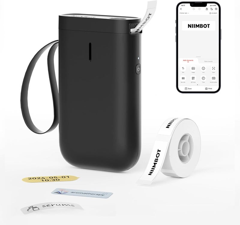 D11 Label Maker Machine with Tape, Portable Bluetooth Thermal Label Printer Wireless Connection Multiple Templates for Home Office Small Business Storage Organizing Rechargeable, Black - Image 1