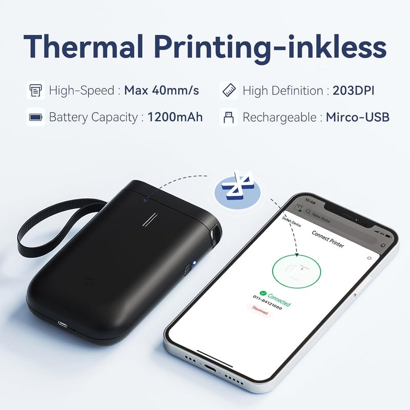 D11 Label Maker Machine with Tape, Portable Bluetooth Thermal Label Printer Wireless Connection Multiple Templates for Home Office Small Business Storage Organizing Rechargeable, Black - Image 2