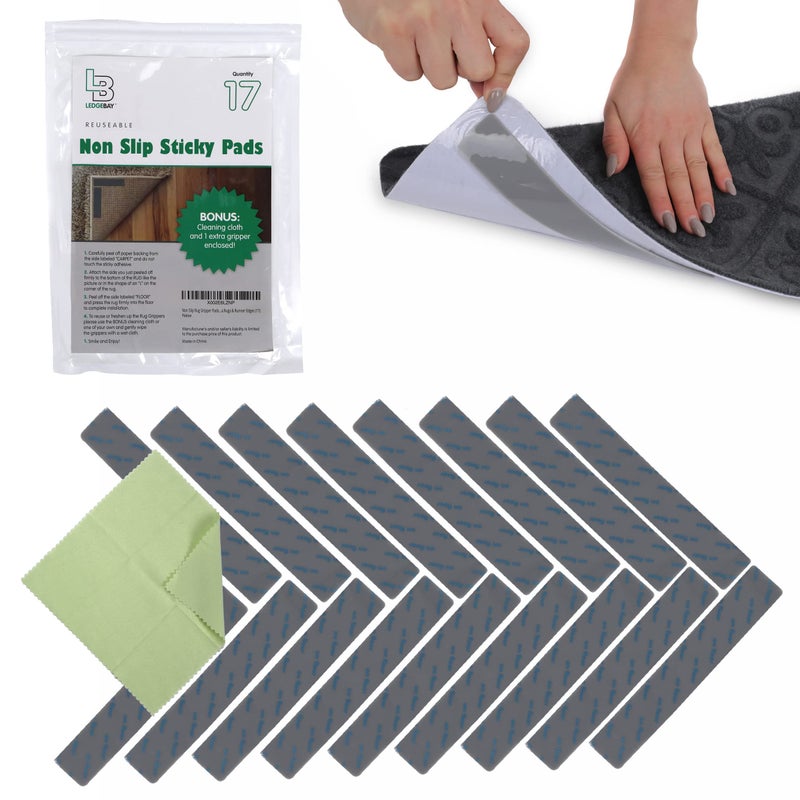 Ledgebay Rug Pad Grippers for Area Rugs Pack of 17 Reusable No Skid Washable AntiSlip Pads Rug Gripper for Hardwood Floors and Tile with DoubleSided Self Adhesive Rug Tape to Keep Rugs Flat