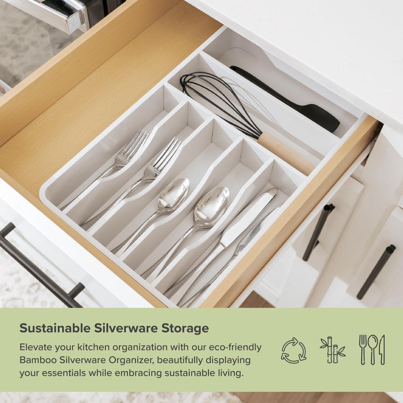 KitchenEdge Silverware Organizer - Cutlery, Flatware, and Utensil Holder for Kitchen Drawers, Fixed 10.5â€ Width, 7 Storage Compartments, Non-Slip Feet, Rounded Corners, 100% Bamboo, White Finish - Image 5