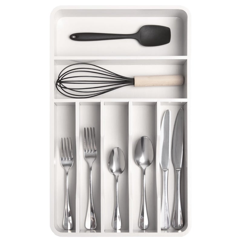 KitchenEdge Silverware Organizer - Cutlery, Flatware, and Utensil Holder for Kitchen Drawers, Fixed 10.5â€ Width, 7 Storage Compartments, Non-Slip Feet, Rounded Corners, 100% Bamboo, White Finish - Image 1