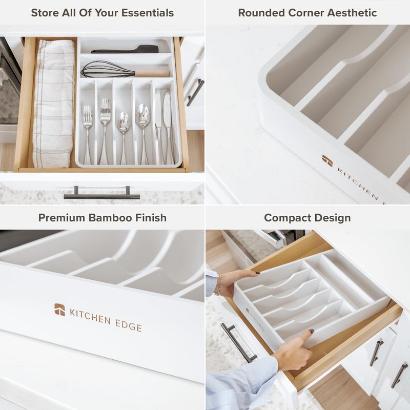 KitchenEdge Silverware Organizer - Cutlery, Flatware, and Utensil Holder for Kitchen Drawers, Fixed 10.5â€ Width, 7 Storage Compartments, Non-Slip Feet, Rounded Corners, 100% Bamboo, White Finish - Image 3