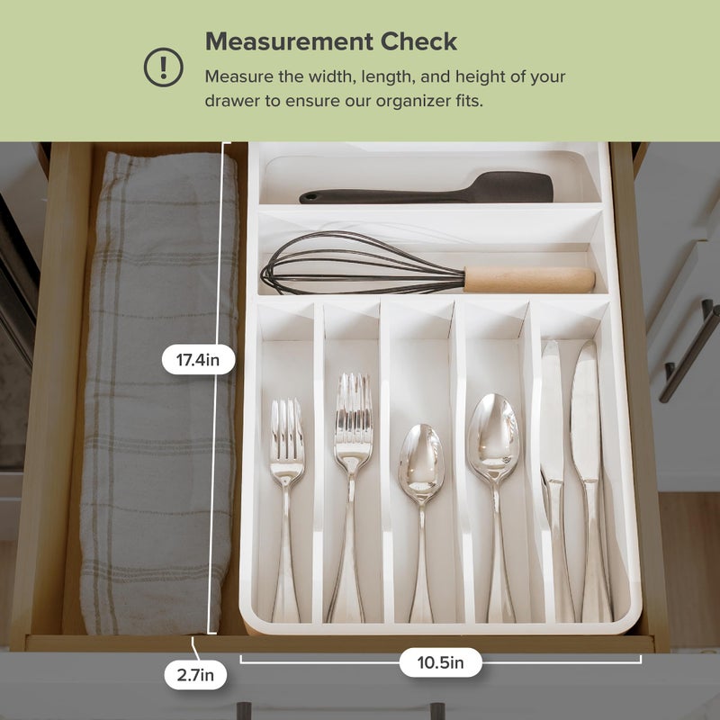KitchenEdge Silverware Organizer - Cutlery, Flatware, and Utensil Holder for Kitchen Drawers, Fixed 10.5â€ Width, 7 Storage Compartments, Non-Slip Feet, Rounded Corners, 100% Bamboo, White Finish - Image 4