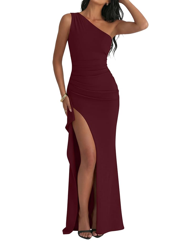 LAGSHIAN Women's Elegant Maxi Dress One Shoulder Sleeveless High Split Ruched Wedding Guest Long Dress WineRed - Image 1