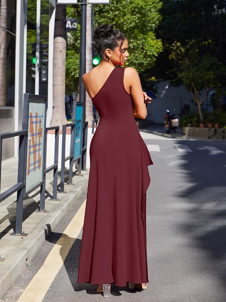 LAGSHIAN Women's Elegant Maxi Dress One Shoulder Sleeveless High Split Ruched Wedding Guest Long Dress WineRed - Image 4
