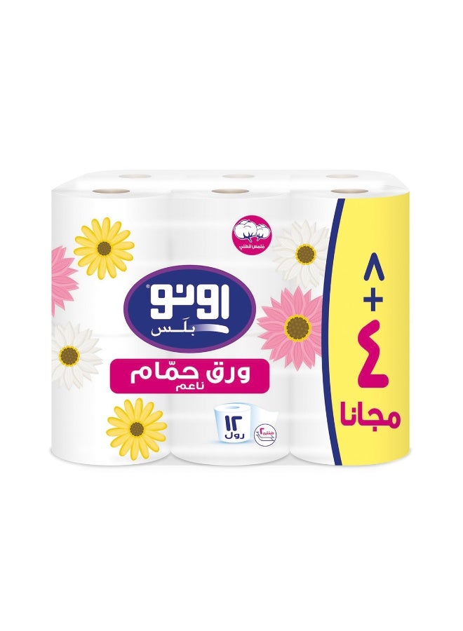 UNO Plus Toilet Tissues, 220 Sheets x 2 Ply, Pack of 12 Rolls (8 + 4 Free Rolls) - Image 1