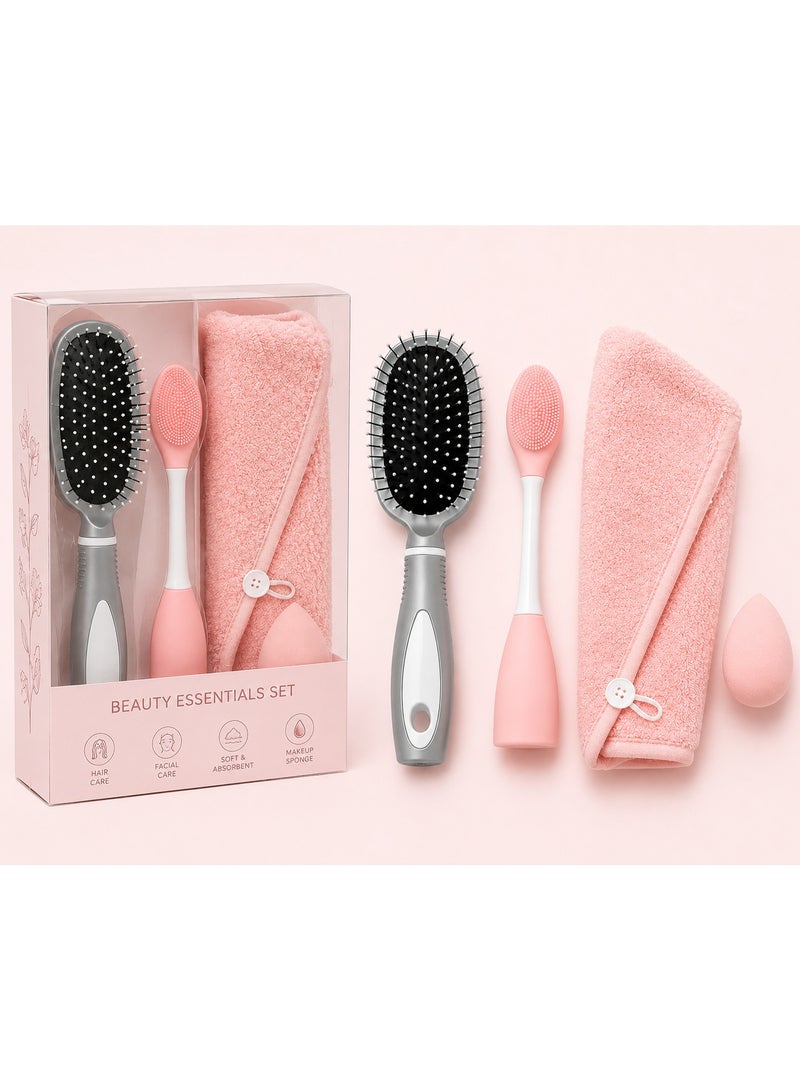 4-Piece Women’s Personal Care Accessory Set – Hair Brush, Facial Cleansing Brush, Soft Hair Towel & Beauty Sponge - Image 2