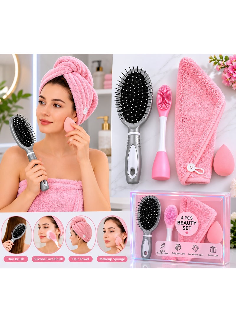 4-Piece Women’s Personal Care Accessory Set – Hair Brush, Facial Cleansing Brush, Soft Hair Towel & Beauty Sponge - Image 3