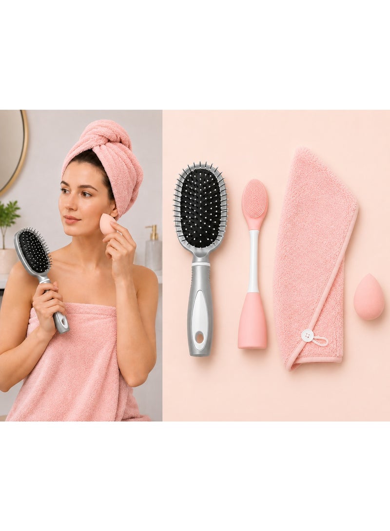 4-Piece Women’s Personal Care Accessory Set – Hair Brush, Facial Cleansing Brush, Soft Hair Towel & Beauty Sponge - Image 1