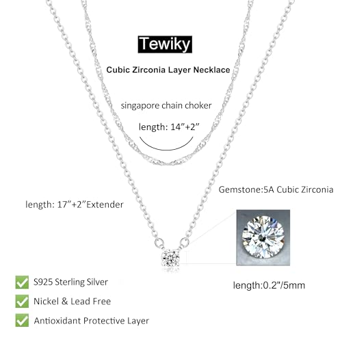 Tewiky Layered Sterling Silver Necklace for Women, Dainty Cubic Zirconia Pendant Necklace Simple Chain Choker Necklaces Jewelry Fashion Set Gifts - Image 3