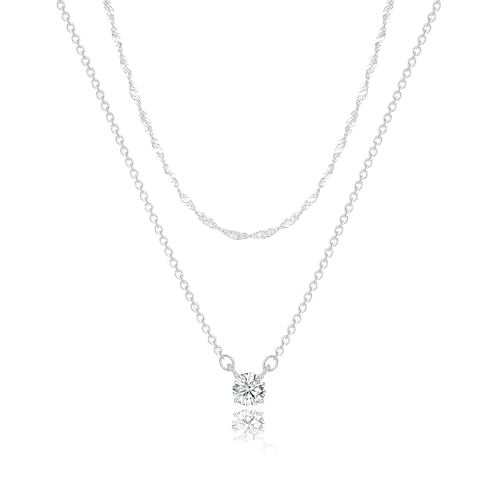 Tewiky Layered Sterling Silver Necklace for Women, Dainty Cubic Zirconia Pendant Necklace Simple Chain Choker Necklaces Jewelry Fashion Set Gifts - Image 1