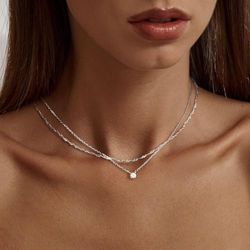 Tewiky Layered Sterling Silver Necklace for Women, Dainty Cubic Zirconia Pendant Necklace Simple Chain Choker Necklaces Jewelry Fashion Set Gifts - Image 2