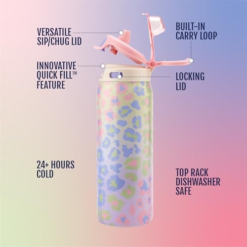 Ello زجاجة ماء للأطفال بسعة 18 أونصة من الفولاذ المقاوم للصدأ مع غطاء تعبئة سريع | زجاجة معزولة بالفراغ خالية من BPA مع قشة مانعة للتسرب وغطاء شرب، آمنة في غسالة الصحون، هدية للأطفال والمراهقين، نمط الفهد - Image 4