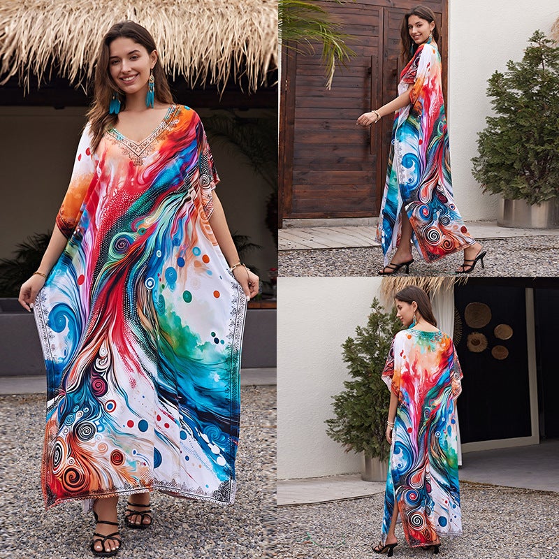Generic Cross-border European and American rayon tie-dyed beach jumpsuit long dress loose robe bikini swimsuit outer blouse sun protection shirt ZS2277-11 abstract style pattern