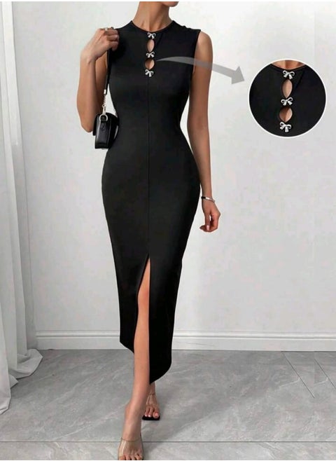 SHEIN Clasi Spring & Summer New Arrival Black Retro Luxury Crystal Bow Front Sleeveless Split Hem Bodycon Dress,