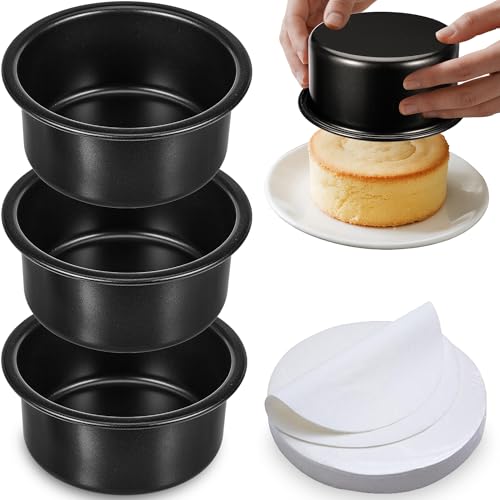 AWTBDP 4 Inch Cake Pan Set of 3, Nonstick Smash Cake Pans with 100PCS Parchment Paper for Christmas Birthday, Round Mini Cake Pans Tin for Baking Layer Cakes Small Cheesecake, Straight Side & Dishwasher Safe - Image 1