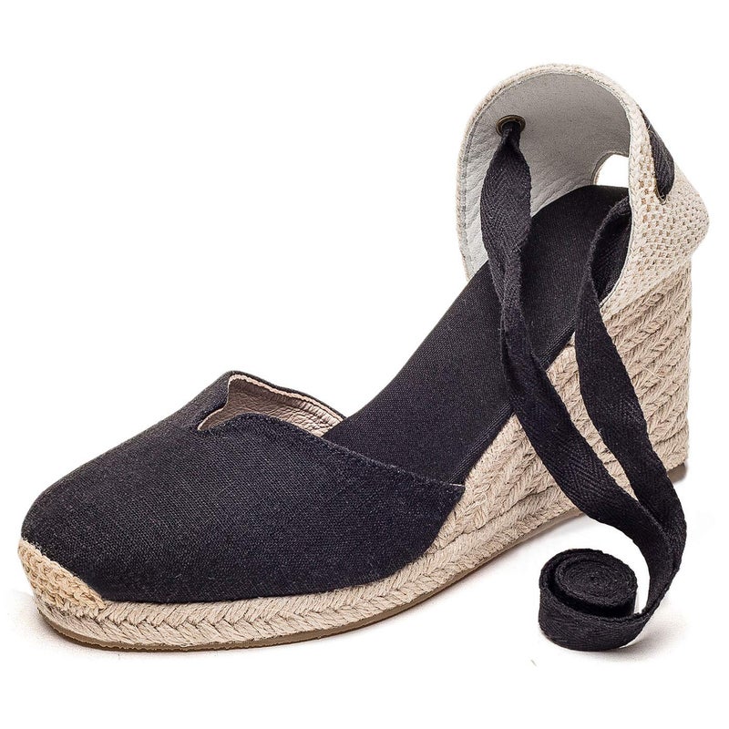 Ulite Womens Espadrille Wedge Sandals Closed Toe Platform Lace Up Ankle Strap Slingback Summer Dress Shoes V Black Canvas3 8