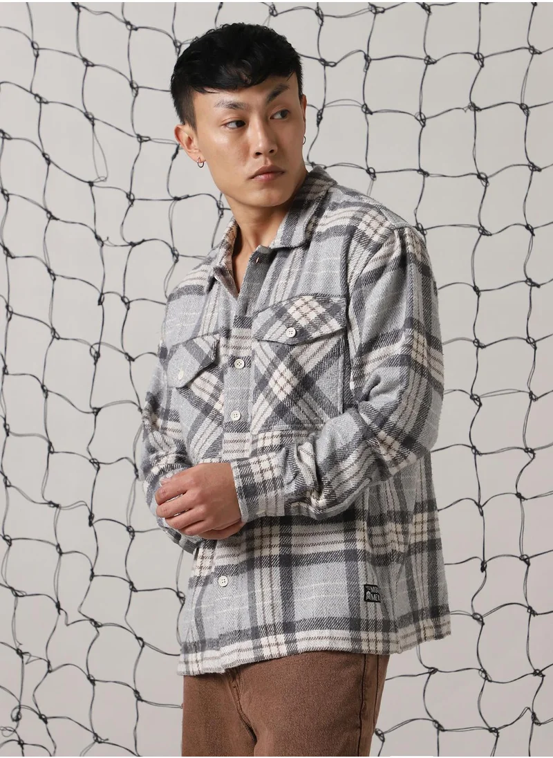 هوبرهولمي Men's Multicoloured 100% Cotton Checkered Oversized Shacket
