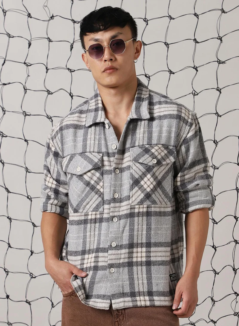 Hubberholme Men's Multicoloured 100% Cotton Checkered Oversized Shacket