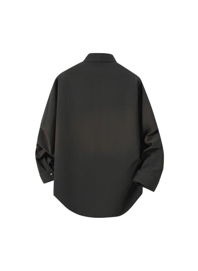 Izexx Casual Long-sleeve Shirt For Men, Spring Season, High-end Feel, Turn-down Collar, Loose-fitting Versatile Workwear Top, Mz03 Black XL - Image 2