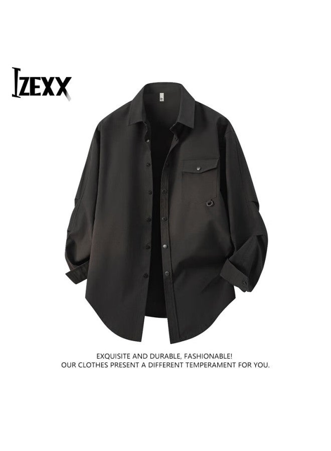 Izexx Casual Long-sleeve Shirt For Men, Spring Season, High-end Feel, Turn-down Collar, Loose-fitting Versatile Workwear Top, Mz03 Black XL - Image 1