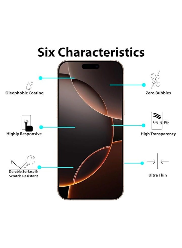 9 إتش واقي شاشة متوافق مع iPhone 16 Pro Max واقي شاشة زجاجي مقوى [مضاد للتوهج] [تغطية كاملة عالية الدقة] [تركيب سهل] [حساس للمس] شفاف/أسود - Image 2