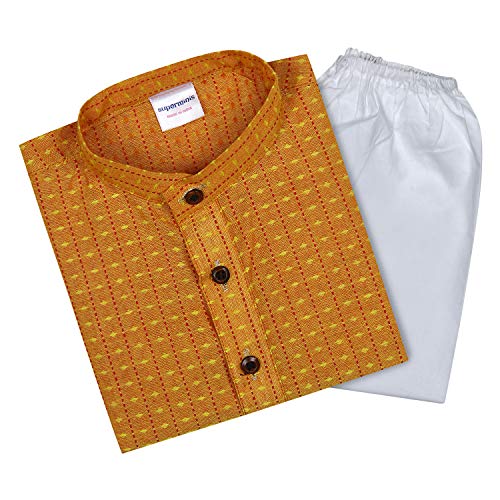superminis Baby Boys Ethnic Wear Cotton Striped Handloom Kurta Dress With Contrast Color Thread Work And White Pyjama Set (Mustard, 3-6 Months) - Image 1