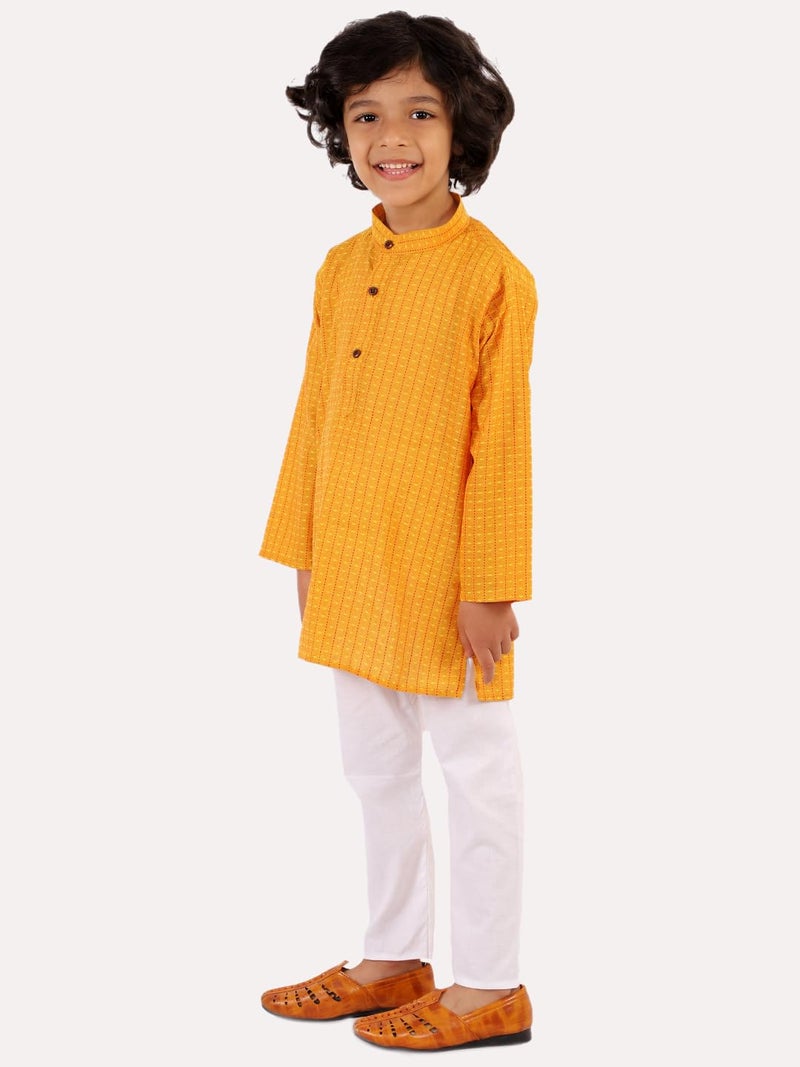 superminis Baby Boys Ethnic Wear Cotton Striped Handloom Kurta Dress With Contrast Color Thread Work And White Pyjama Set (Mustard, 3-6 Months) - Image 4