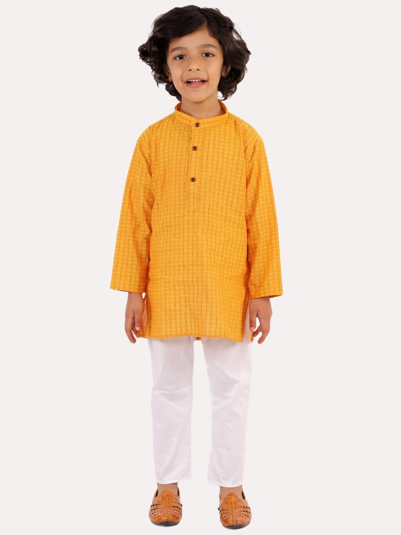 superminis Baby Boys Ethnic Wear Cotton Striped Handloom Kurta Dress With Contrast Color Thread Work And White Pyjama Set (Mustard, 3-6 Months) - Image 2