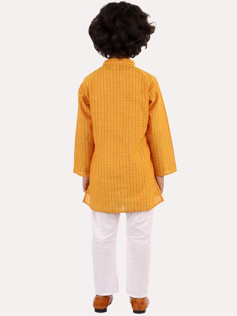 superminis Baby Boys Ethnic Wear Cotton Striped Handloom Kurta Dress With Contrast Color Thread Work And White Pyjama Set (Mustard, 3-6 Months) - Image 3