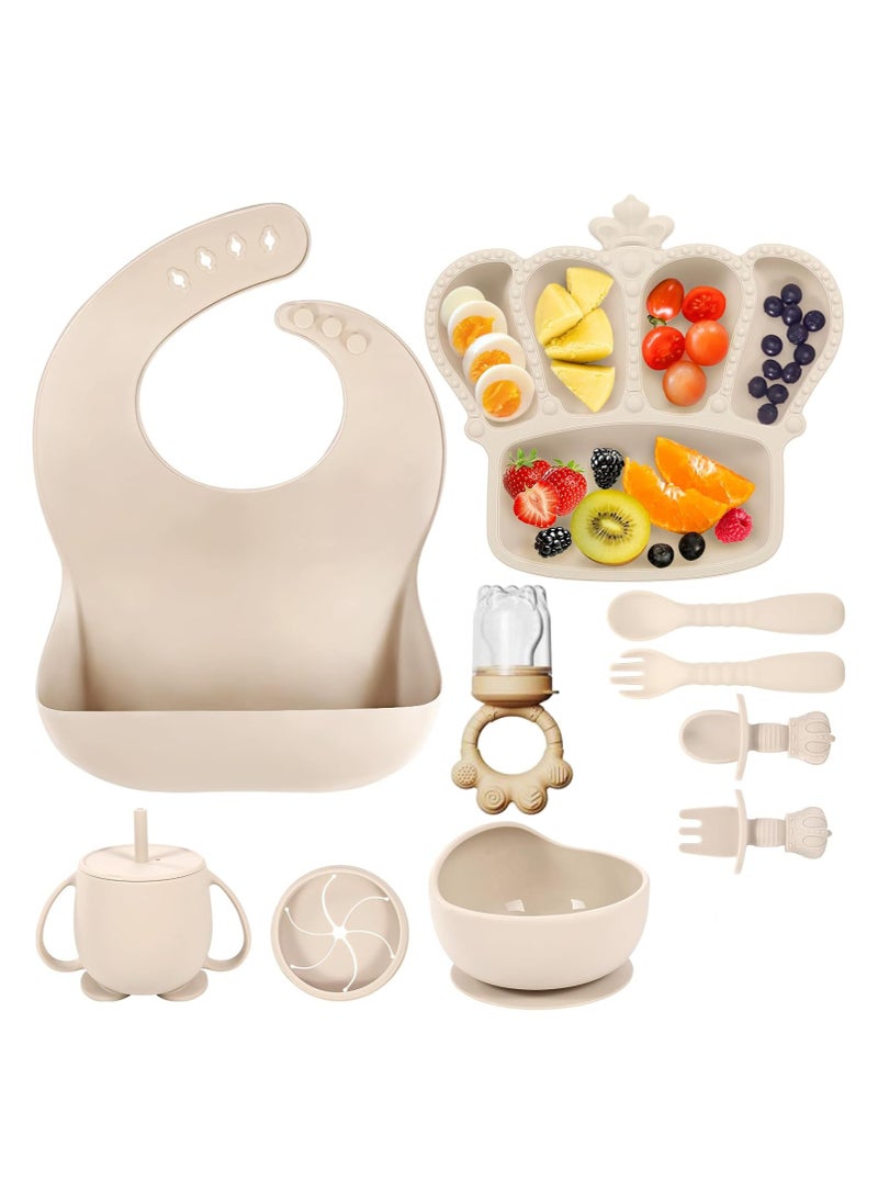iMissiu - Silicone Baby Feeding Set, 10 Pcs Baby Led Weaning Supplies Suction Bowl Divided Plate Baby Bibs Fruit feeder Baby Spoons Forks Sippy Cup Toddler Utensil Sets - Image 1