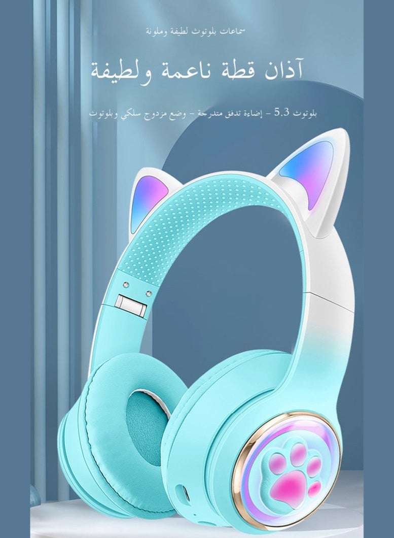 مرحبا فاي ستيريو سماعة الصوت ، القط الأذن + مخلب القط عنصر التصميم ، والإضاءة المبهرة ، بلوتوث 5-3 ، مريحة دون الضغط على الأذن ، بلوتوث / aux كابل اتصال مزدوج ، الأخضر - Image 1