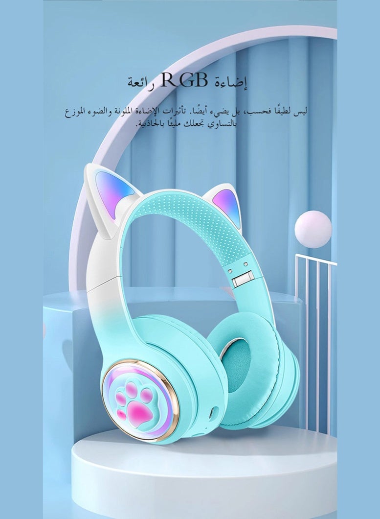 مرحبا فاي ستيريو سماعة الصوت ، القط الأذن + مخلب القط عنصر التصميم ، والإضاءة المبهرة ، بلوتوث 5-3 ، مريحة دون الضغط على الأذن ، بلوتوث / aux كابل اتصال مزدوج ، الأخضر - Image 4