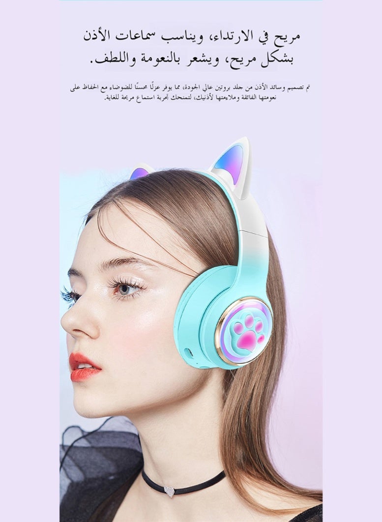 مرحبا فاي ستيريو سماعة الصوت ، القط الأذن + مخلب القط عنصر التصميم ، والإضاءة المبهرة ، بلوتوث 5-3 ، مريحة دون الضغط على الأذن ، بلوتوث / aux كابل اتصال مزدوج ، الأخضر - Image 3