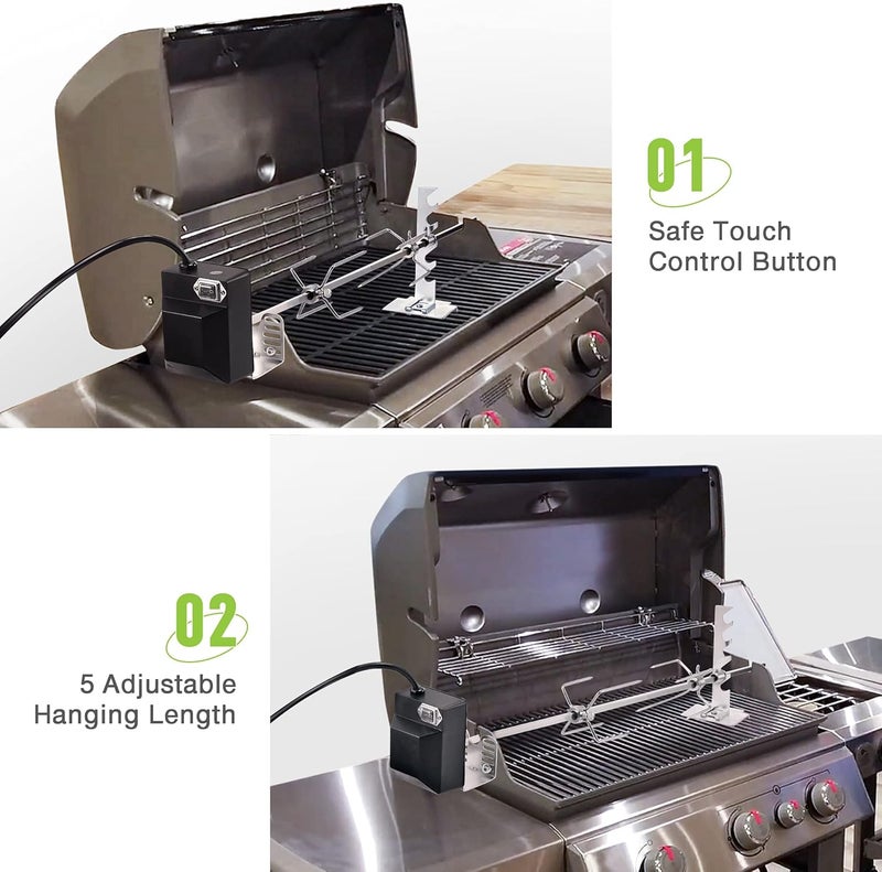 Dreyoo Universal Rotisserie Grill Kit, 360° Automatic Rotating Rotisserie Kit with 120V 4W Motor, 28'' Spit Rod, 2 x 4 Forks, Complete Holders and Fixing Screw for Backyard Camping Grills - Image 3