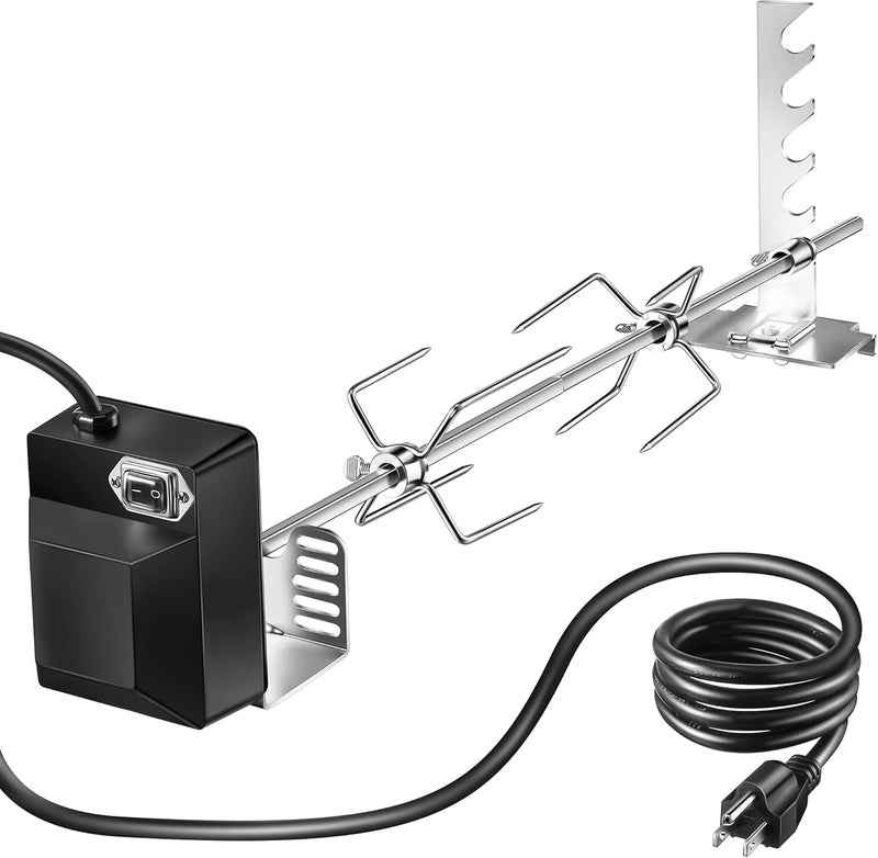 Dreyoo Universal Rotisserie Grill Kit, 360° Automatic Rotating Rotisserie Kit with 120V 4W Motor, 28'' Spit Rod, 2 x 4 Forks, Complete Holders and Fixing Screw for Backyard Camping Grills - Image 1