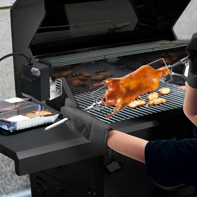 Dreyoo Universal Rotisserie Grill Kit, 360° Automatic Rotating Rotisserie Kit with 120V 4W Motor, 28'' Spit Rod, 2 x 4 Forks, Complete Holders and Fixing Screw for Backyard Camping Grills - Image 5