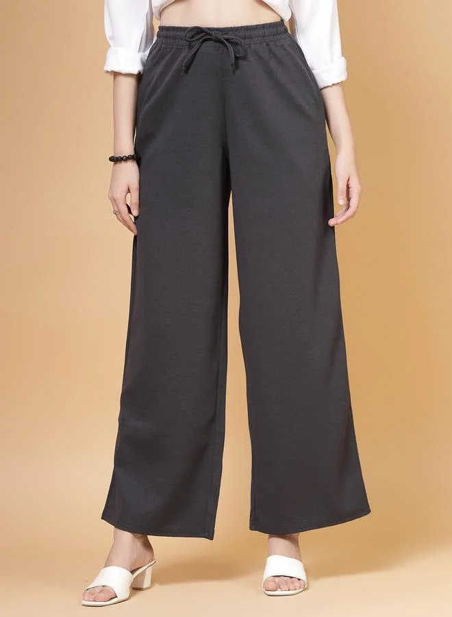 بوز PAUSE Women Grey Solid Drawstring Waist Wide Leg Pants