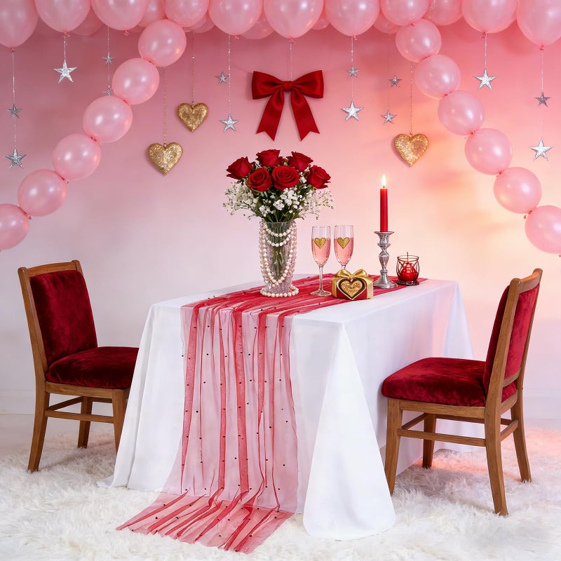 LuoluoHouse Pearl Tulle Table Runner Fabric: Red 10ft Valentines Veil Dessert Christmas Chiffon Pearl Lace Boho Glitter Overlay Wedding Aisle Runner Party Decorations Doilies - Image 3