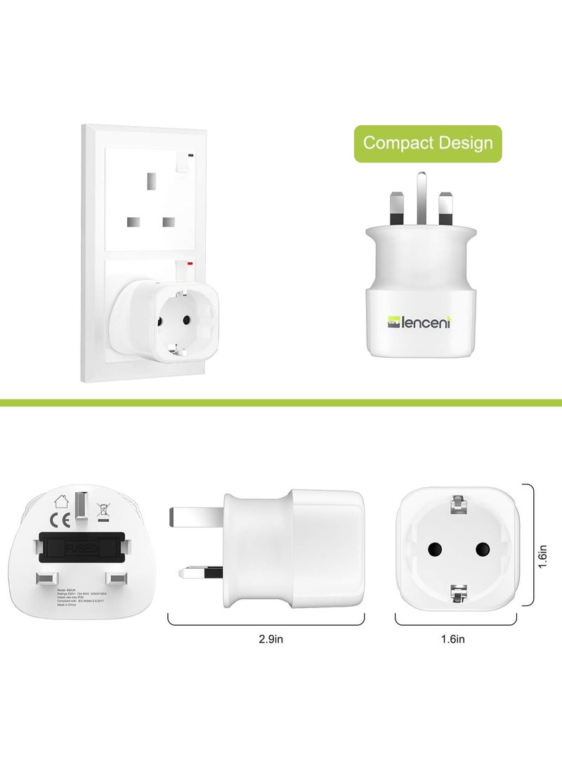 LENCENT 2Pcs EU to UK Plug Adapter, Europe Schuko 2 Pin to 3 Pin UK Travel Adaptor, European Euro to British Adapter- White - Image 3