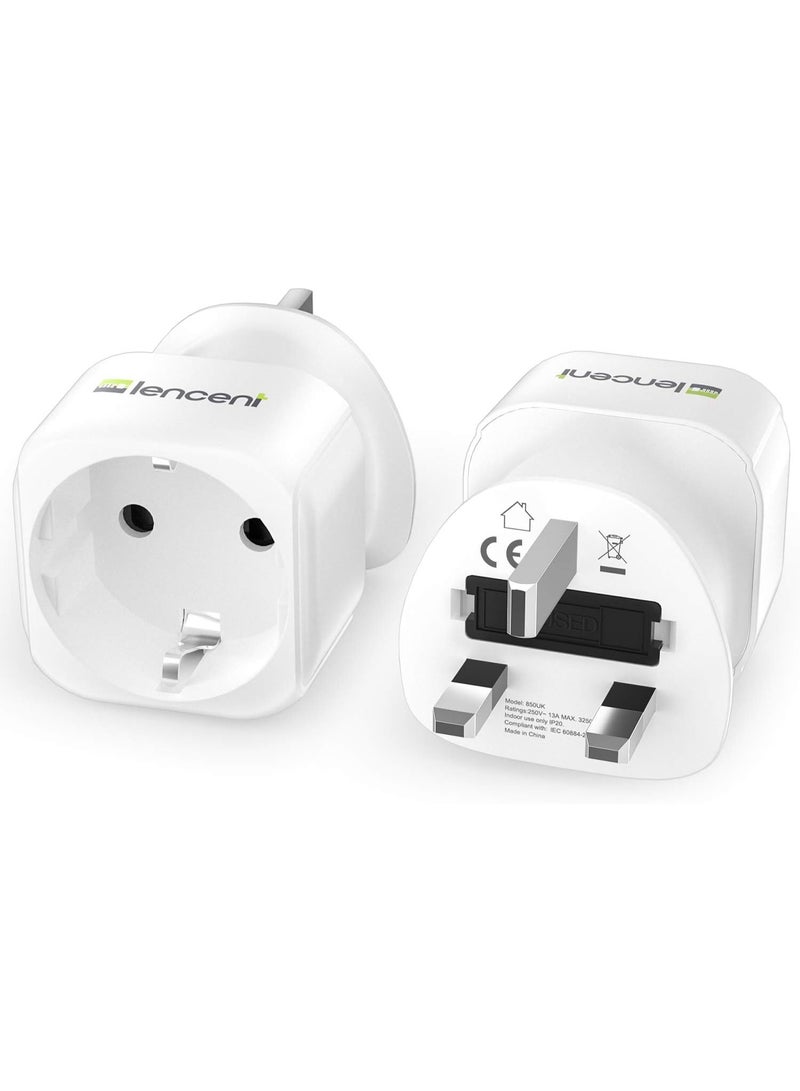LENCENT 2Pcs EU to UK Plug Adapter, Europe Schuko 2 Pin to 3 Pin UK Travel Adaptor, European Euro to British Adapter- White - Image 1