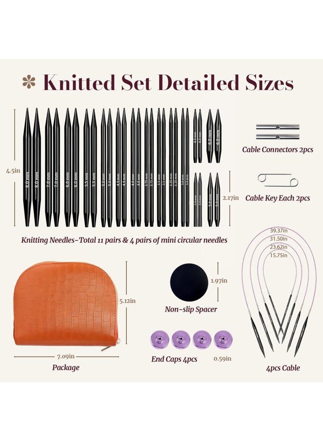 Yarniss 15 Pairs Circular Knitting Needle Combo, 4.5-Inch Round Knitting Needle 3.0~8.0mm, 2.16-Inch Shorties Needles US Size 2.5-10, Interchangeable Aluminum Cable Needles with Case - Image 2