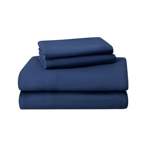 Featherhead 100 Cotton 4PCs Flannel Sheet Set DoubleBrushed for Extra Softness Warm Breathable Extra Deep Pockets fits Up to 17 Navy Blue Queen