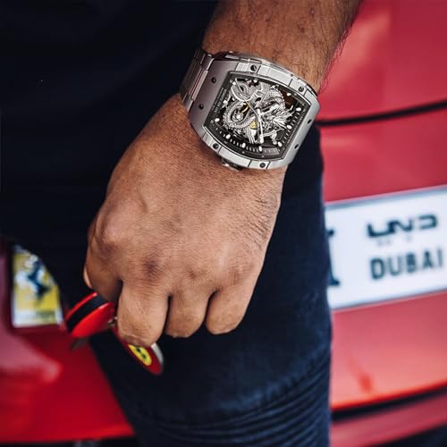 Redhai Fashion Automatic Dragon Mechanical Watches, 50M Water Resistant Skeleton Dial Silver Case Stainless Steel Watchband Synthetic Sapphire Crystal Glass Chinese Loong Watches for Men - Image 5