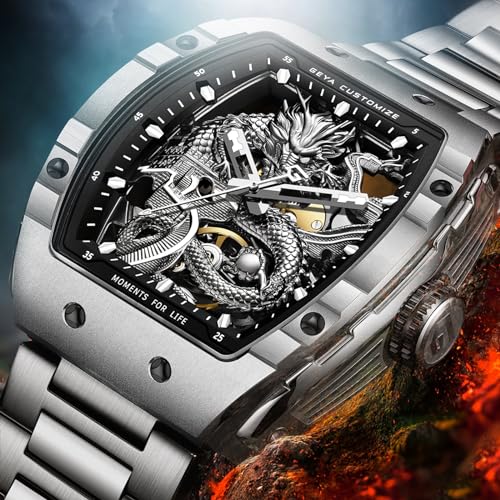 Redhai Fashion Automatic Dragon Mechanical Watches, 50M Water Resistant Skeleton Dial Silver Case Stainless Steel Watchband Synthetic Sapphire Crystal Glass Chinese Loong Watches for Men - Image 3